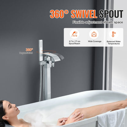 Freestanding Bathtub Faucet with Handheld Shower, Floor Mount, 360° Swivel Spout