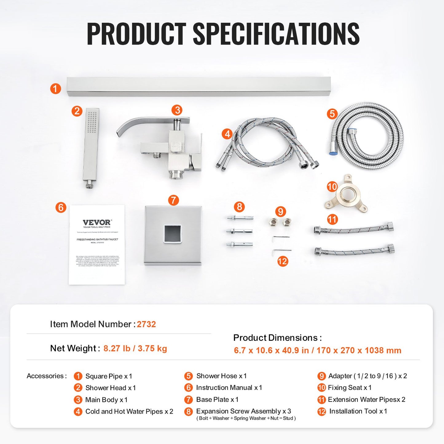 VEVOR Freestanding Bathtub Faucet, Floor Mount, Freestanding Tub Filler, Shower