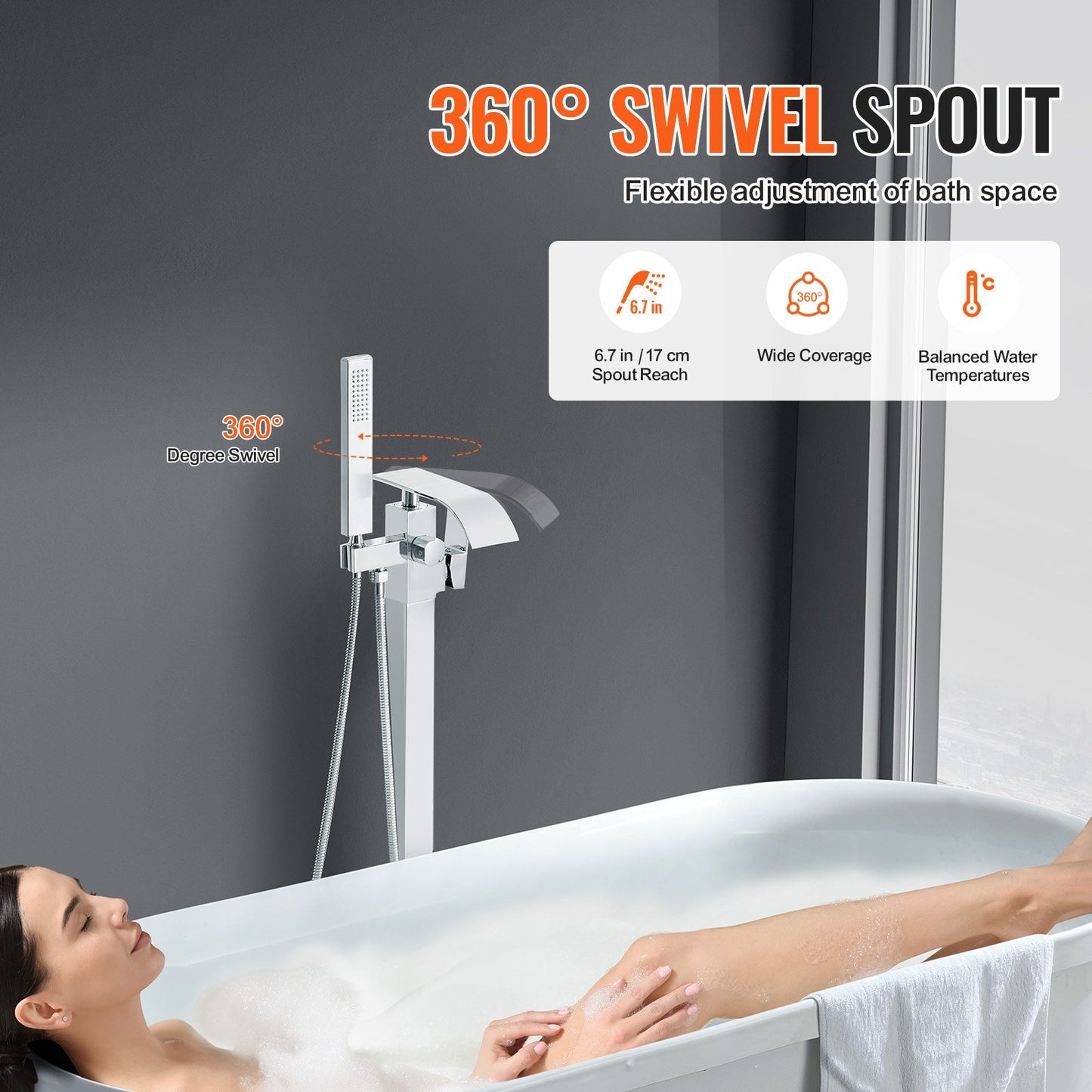 Freestanding Bathtub Faucet, Floor Mount, Freestanding Tub Filler, Shower Mixer Taps, Two Water Modes, 360° Swivel Spout, for Bathing & Showering Pet Bathing Cleaning Drains Toilet Flushing