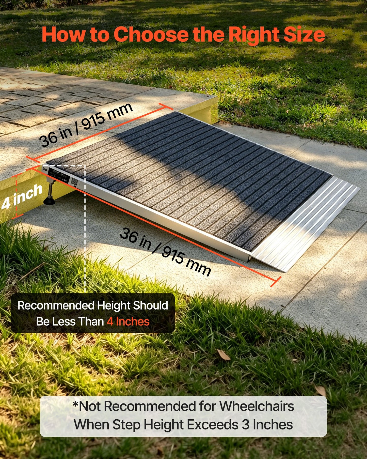 Threshold Ramp for Doorways, 915 x 915 mm, Platform Aluminum Wheelchair Ramp with Adjustable Height, Non-Slip Door Threshold Ramps, 317.5 kg Load Capacity, for Home Steps, Wheelchairs, Walkers