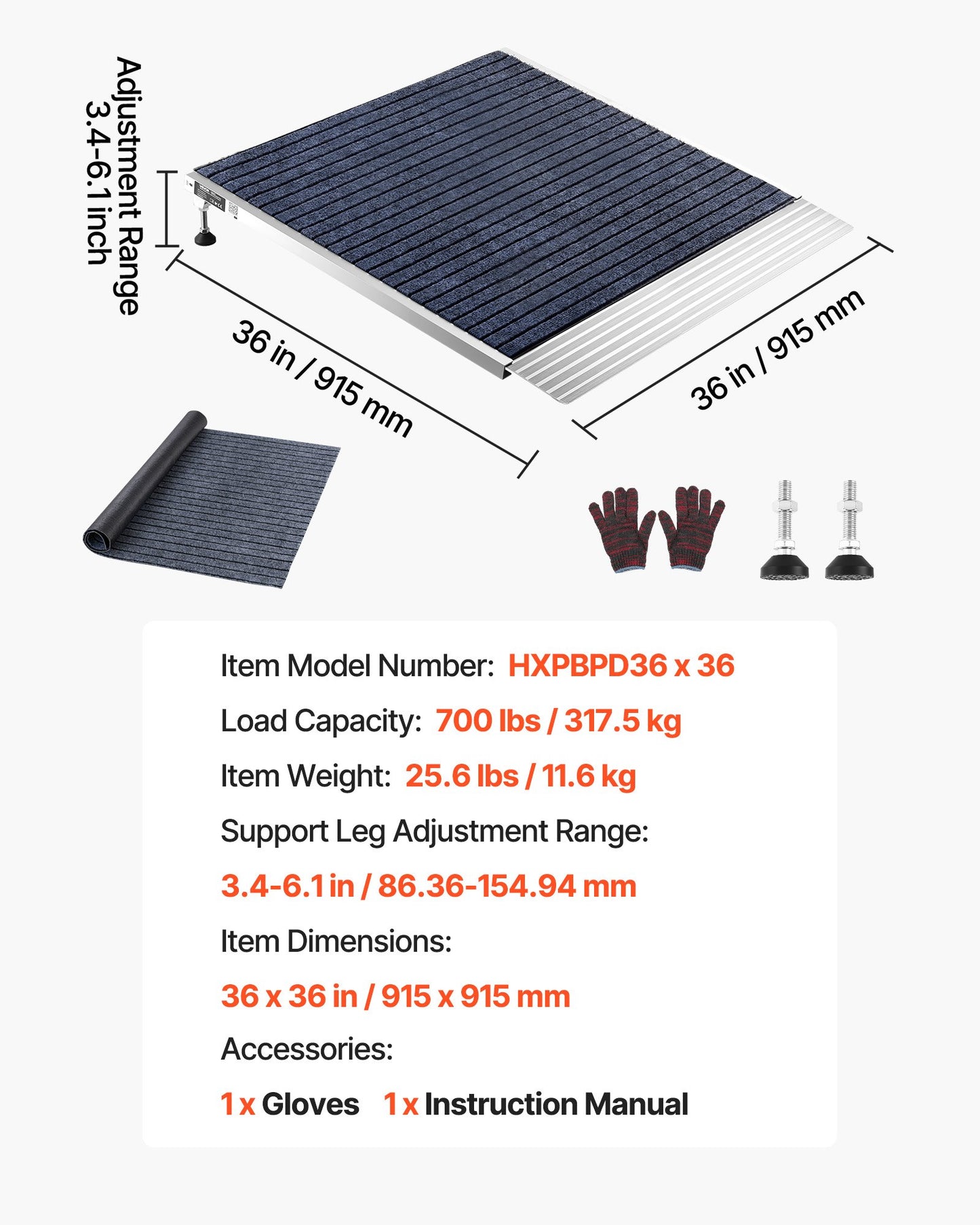Threshold Ramp for Doorways, 915 x 915 mm, Platform Aluminum Wheelchair Ramp with Adjustable Height, Non-Slip Door Threshold Ramps, 317.5 kg Load Capacity, for Home Steps, Wheelchairs, Walkers