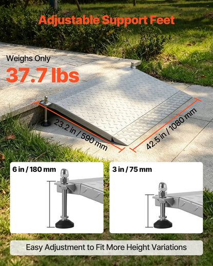 Threshold Ramp for Doorways, 1080 x 590 mm, Platform Aluminum Wheelchair Ramp with Adjustable Height, Non-Slip Door Threshold Ramps, 453.6 kg Load Capacity, for Home Steps, Wheelchairs, Walkers