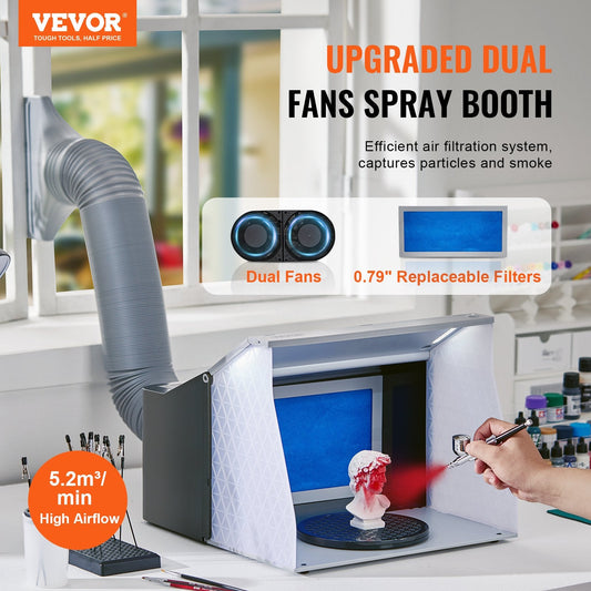 Portable Airbrush Spray Booth Kit with Dual Fans, LED Lights, and Turntable