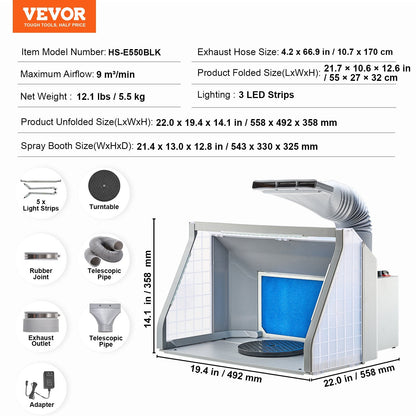 Portable Airbrush Spray Booth with Dual Fans and LED Lighting, 5.5 kg