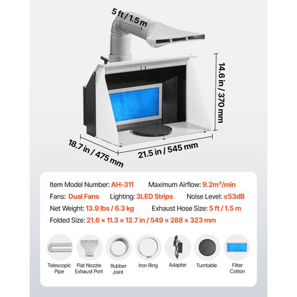 Airbrush Spray Booth, Dual Fans, 545 x 475 x 370 mm, Portable Hobby Airbrush Paint Spray Booth Kit with 3 LED Lights and