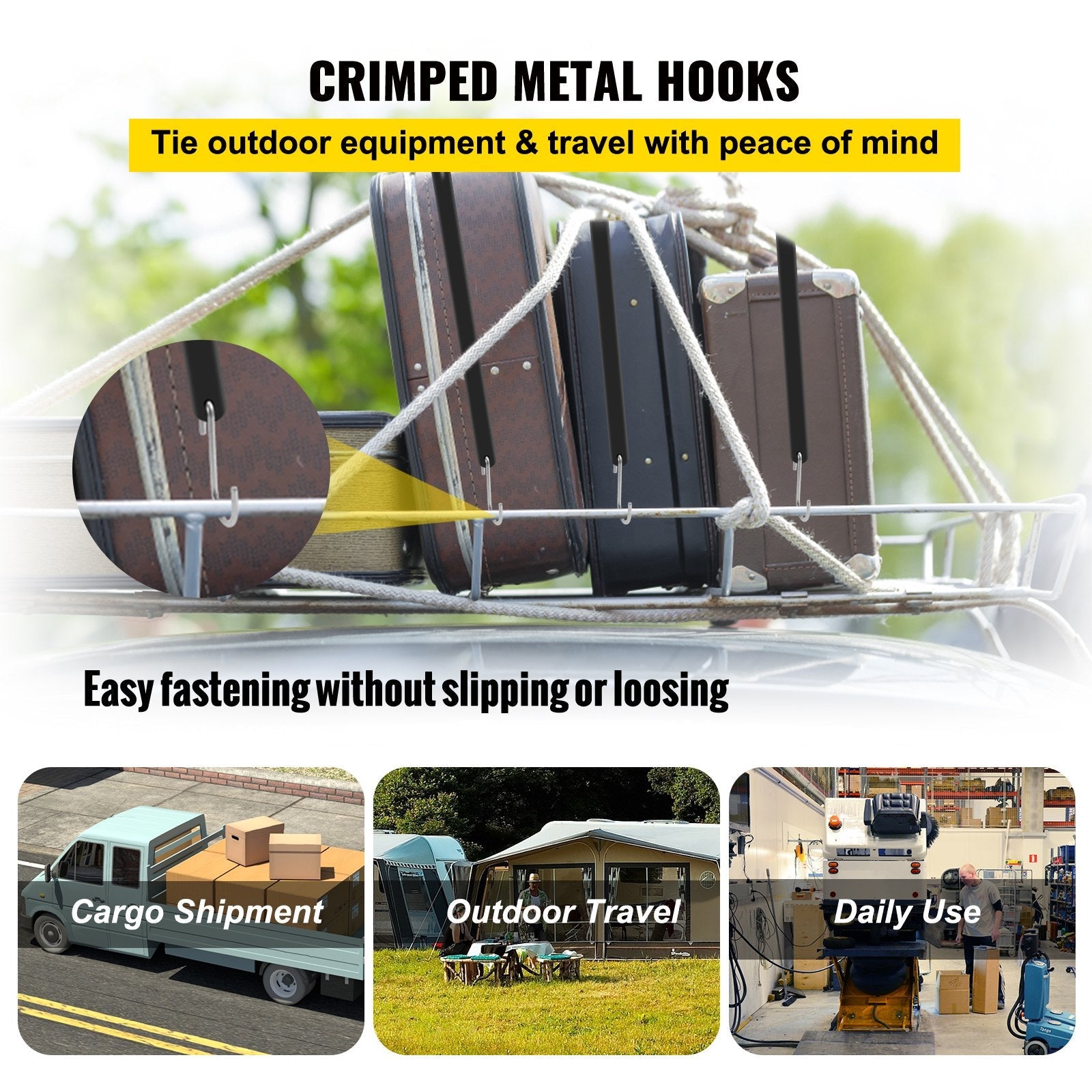 Stainless steel S-hooks are crimped onto both ends for fast and dependable cargo attachment