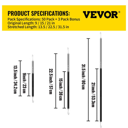 Assorted nine, fifteen, and twenty-one-inch straps fit many tarp and tie-down applications
