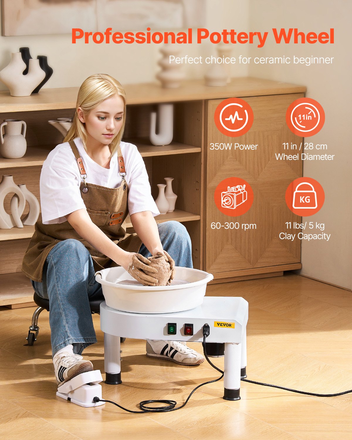Pottery Wheel, 11 in Ceramic Wheel Forming Machine, 60-300 RPM Adjustable Speed with Foot Pedal Control, Detachable Basin, Adjustable Lift Leg, Complete Accessories for Home Pottery, DIY, White