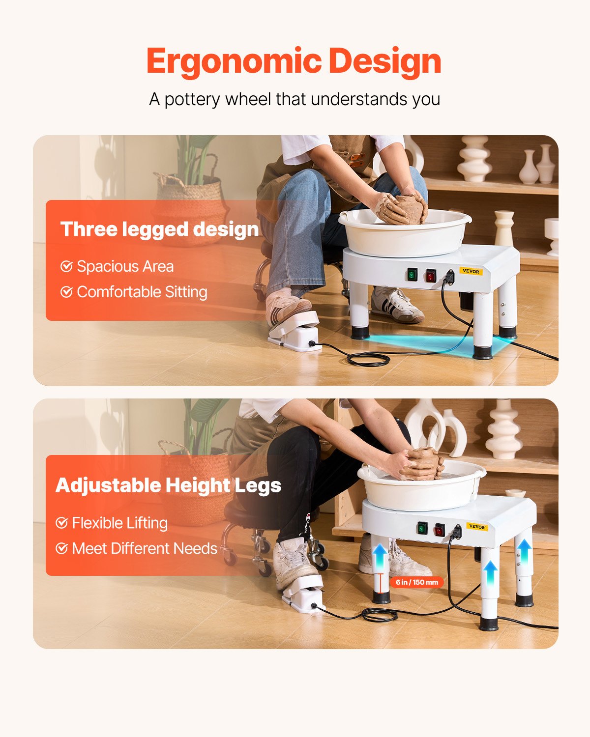 Pottery Wheel, 11 in Ceramic Wheel Forming Machine, 60-300 RPM Adjustable Speed with Foot Pedal Control, Detachable Basin, Adjustable Lift Leg, Complete Accessories for Home Pottery, DIY, White