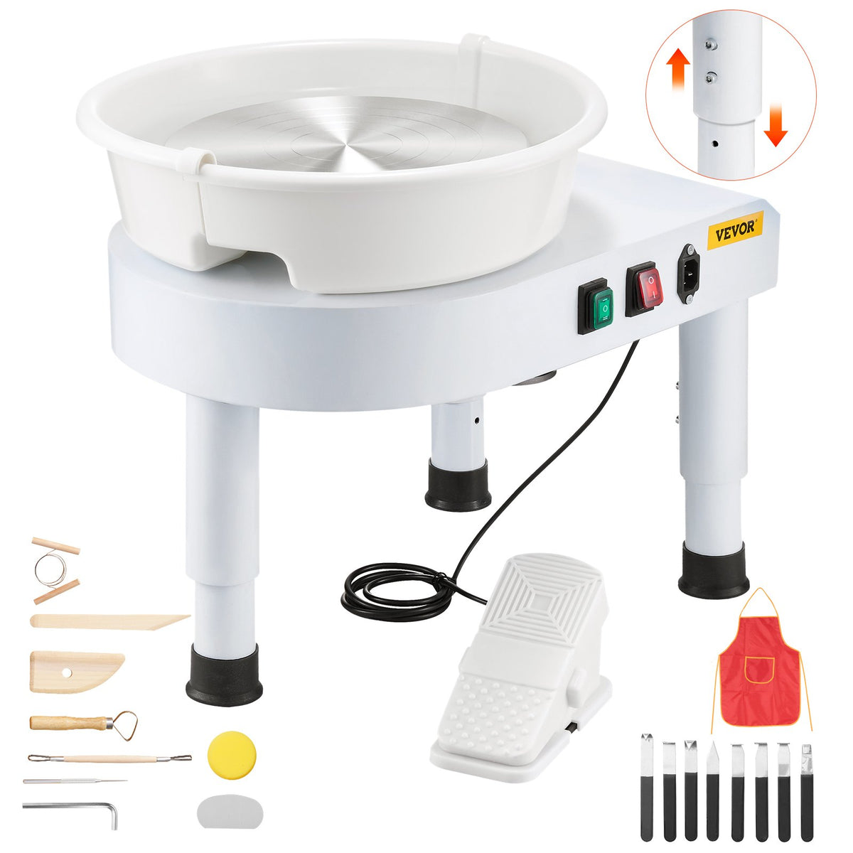 Pottery Wheel, 11 in Ceramic Wheel Forming Machine, 60-300 RPM Adjustable Speed with Foot Pedal Control, Detachable Basin, Adjustable Lift Leg, Complete Accessories for Home Pottery, DIY, White