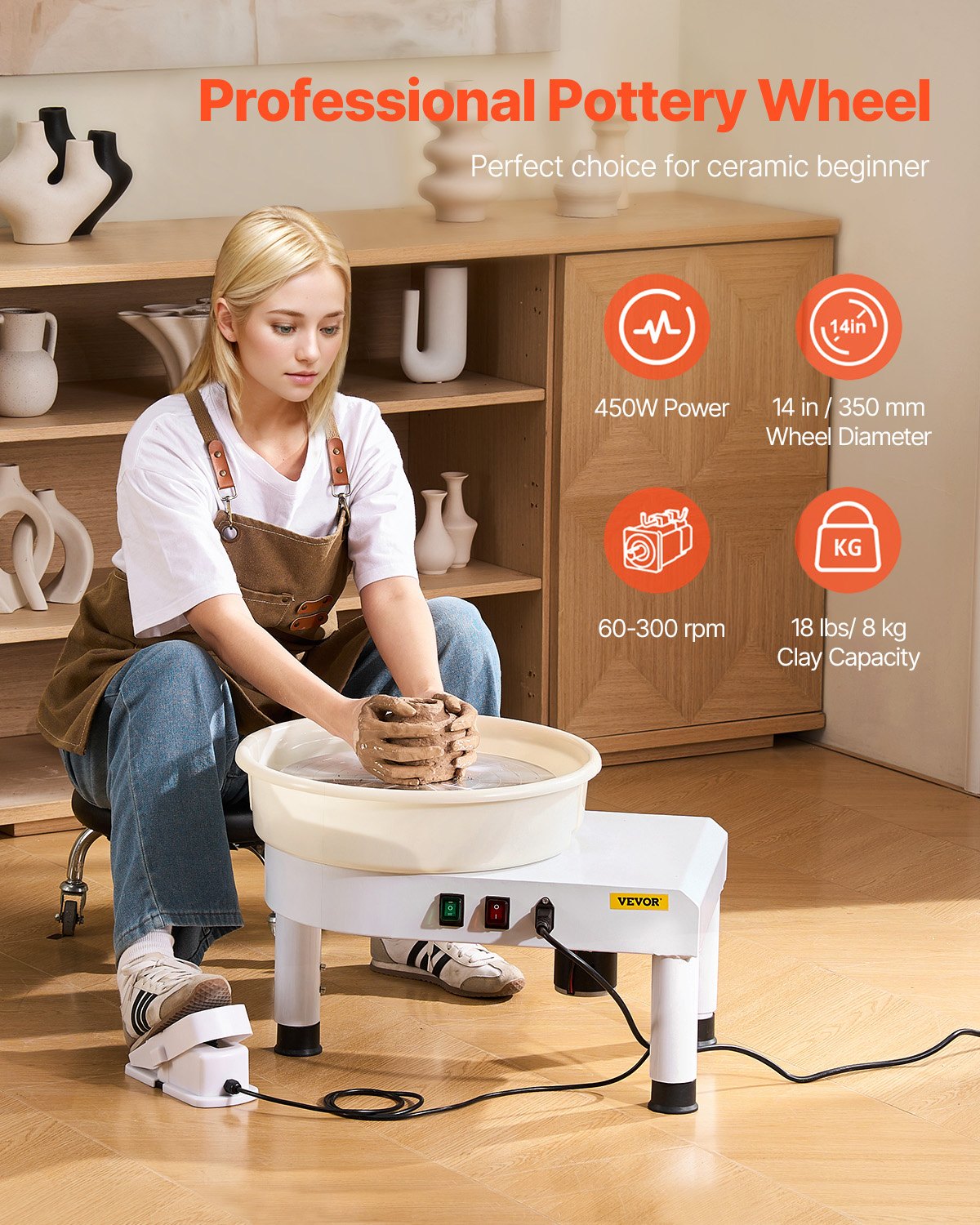 Pottery Wheel, 36cm Ceramic Wheel Forming Machine, 60-300 RPM Adjustable Speed with Foot Pedal Control, Detachable Basin, Adjustable Lift Leg, Complete Accessories for Home Pottery, DIY, White