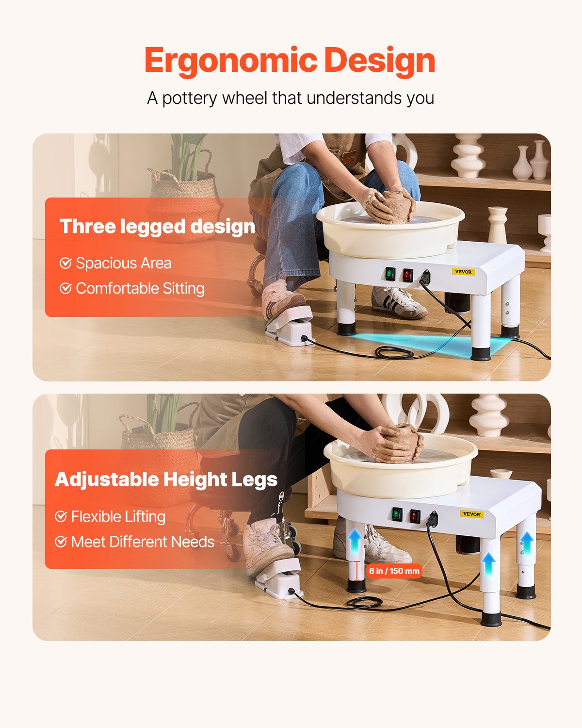 Pottery Wheel, 36cm Ceramic Wheel Forming Machine, 60-300 RPM Adjustable Speed with Foot Pedal Control, Detachable Basin, Adjustable Lift Leg, Complete Accessories for Home Pottery, DIY, White