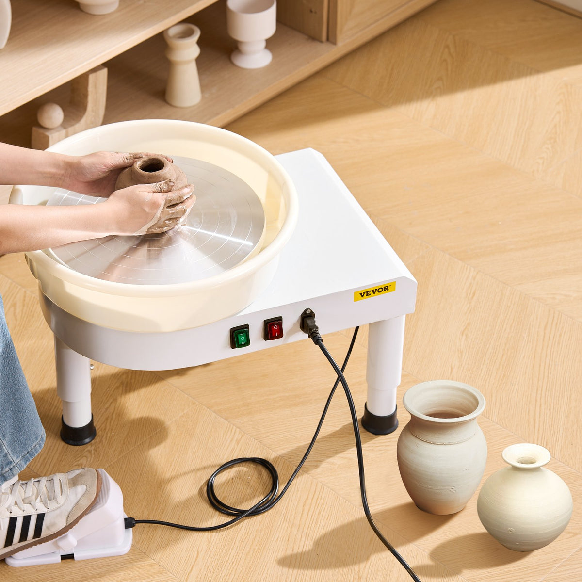 Pottery Wheel, 36cm Ceramic Wheel Forming Machine, 60-300 RPM Adjustable Speed with Foot Pedal Control, Detachable Basin, Adjustable Lift Leg, Complete Accessories for Home Pottery, DIY, White