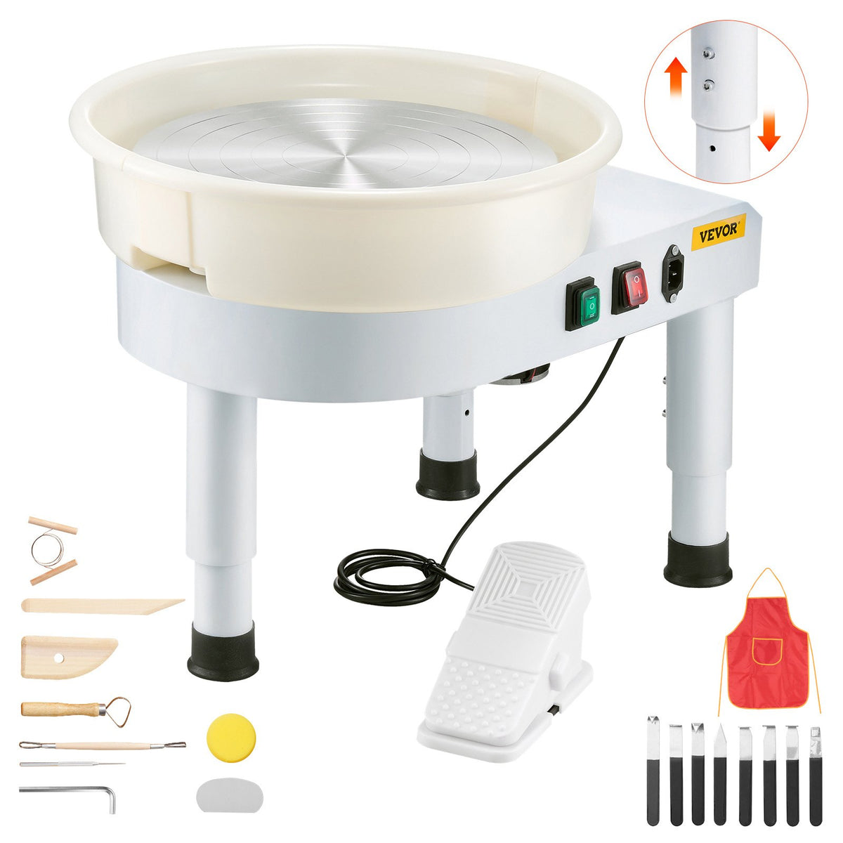 Pottery Wheel, 36cm Ceramic Wheel Forming Machine, 60-300 RPM Adjustable Speed with Foot Pedal Control, Detachable Basin, Adjustable Lift Leg, Complete Accessories for Home Pottery, DIY, White