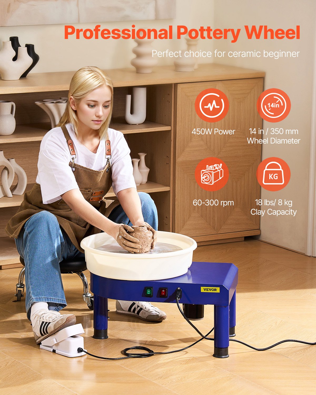 Pottery Wheel, 35 cm Ceramic Wheel Forming Machine, 60-300 RPM Adjustable Speed with Foot Pedal Control, Detachable Basin, Adjustable Lift Leg, Complete Accessories for Home Pottery, DIY, Blue