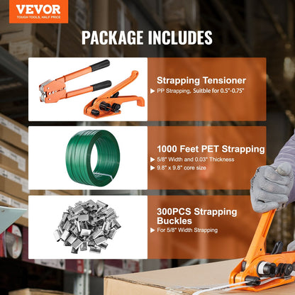 Heavy-Duty Banding Kit with Tensioner & Sealer, 300 m PET Strap, 500 kg Tension
