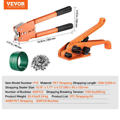 Heavy-Duty Banding Kit with Tensioner & Sealer, 300 m PET Strap, 500 kg Tension