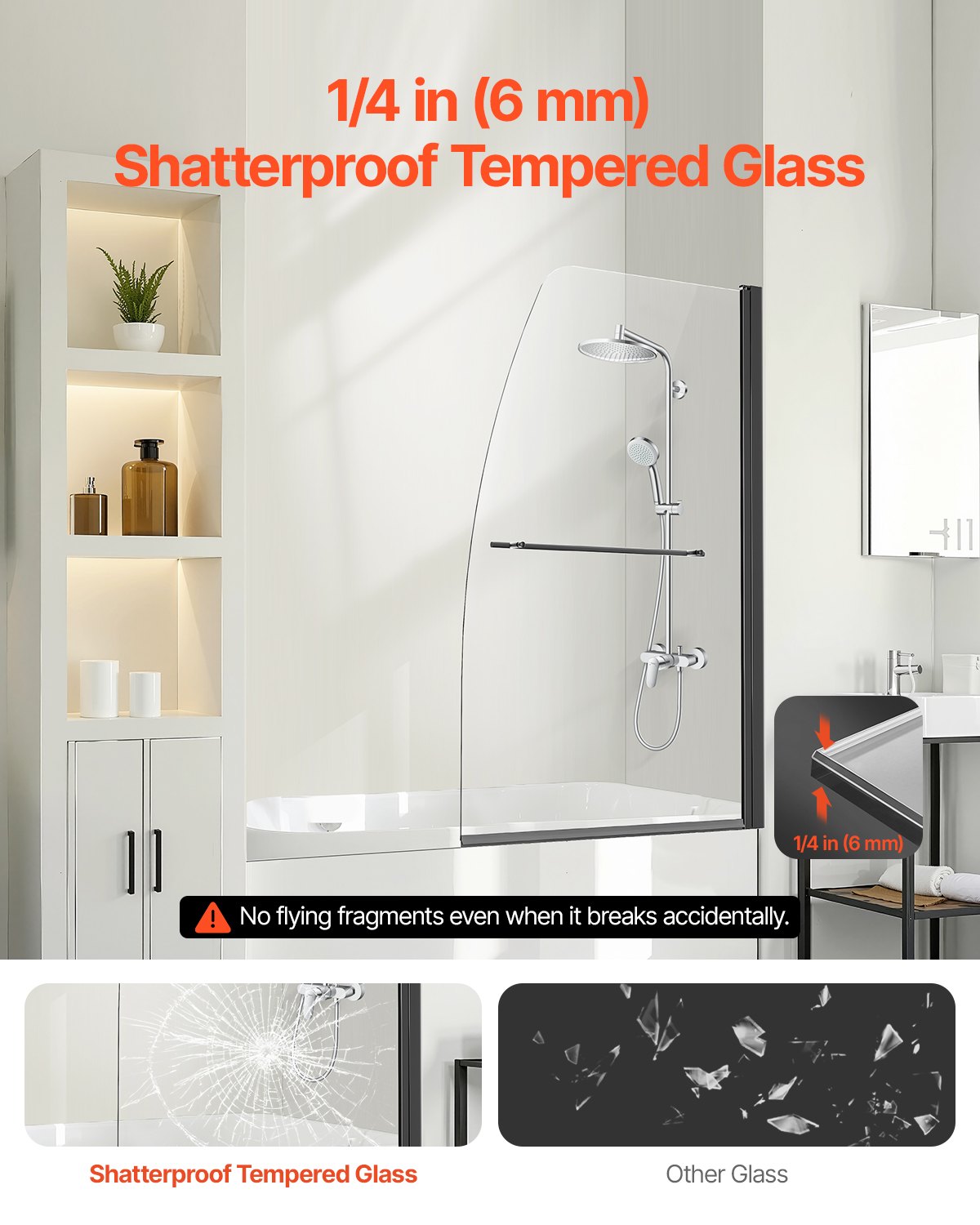 VEVOR Frameless Bathtub Shower Door 864 x 1397 mm 180° Rotatable Door Black