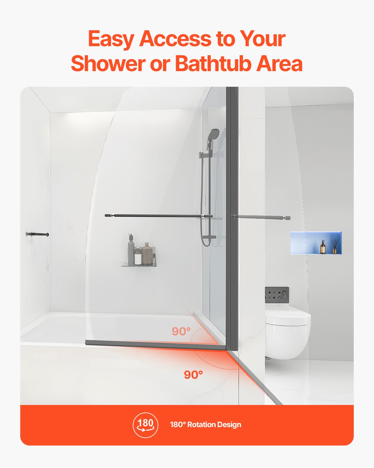 VEVOR Frameless Bathtub Shower Door 864 x 1397 mm 180° Rotatable Door Black