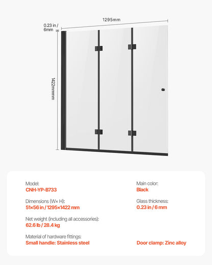 VEVOR Bathtub Shower Door 1295 x 1422 mm Frameless Foldable Tub Shower Door