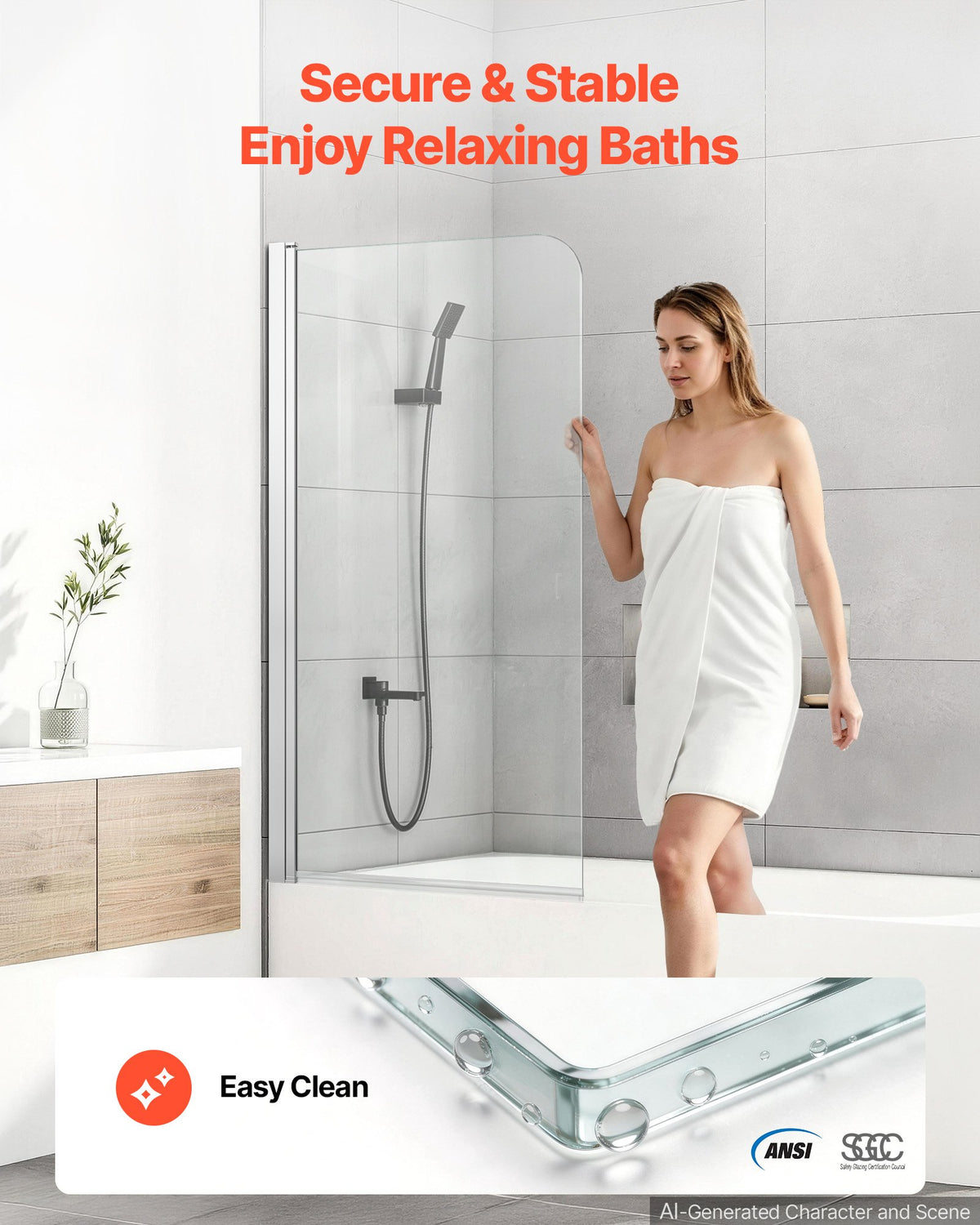 Bathtub Shower Door 700 x 1400 mm Frameless Pivot Tub Door, 6 mm Clear Tempered Glass, Easy-Clean Nano Coating, 180° Folding, Adjustable Sealing Strip, for Home Bathroom Tub, Silver