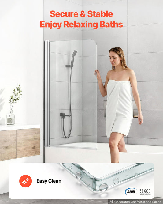 Bathtub Shower Door 700 x 1400 mm Frameless Pivot Tub Door, 6 mm Clear Tempered Glass, Easy-Clean Nano Coating, 180° Folding, Adjustable Sealing Strip, for Home Bathroom Tub, Silver