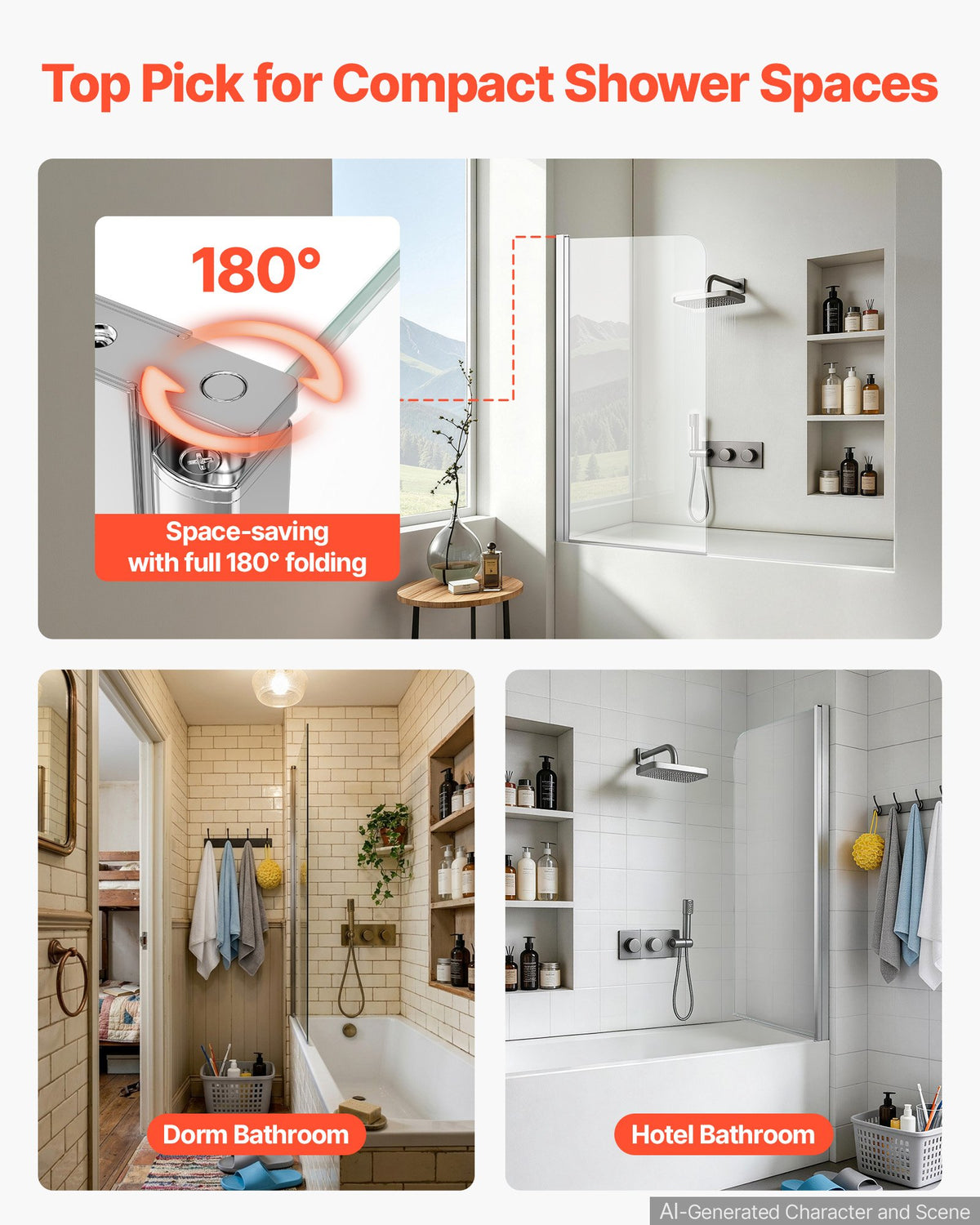 Bathtub Shower Door 700 x 1400 mm Frameless Pivot Tub Door, 6 mm Clear Tempered Glass, Easy-Clean Nano Coating, 180° Folding, Adjustable Sealing Strip, for Home Bathroom Tub, Silver