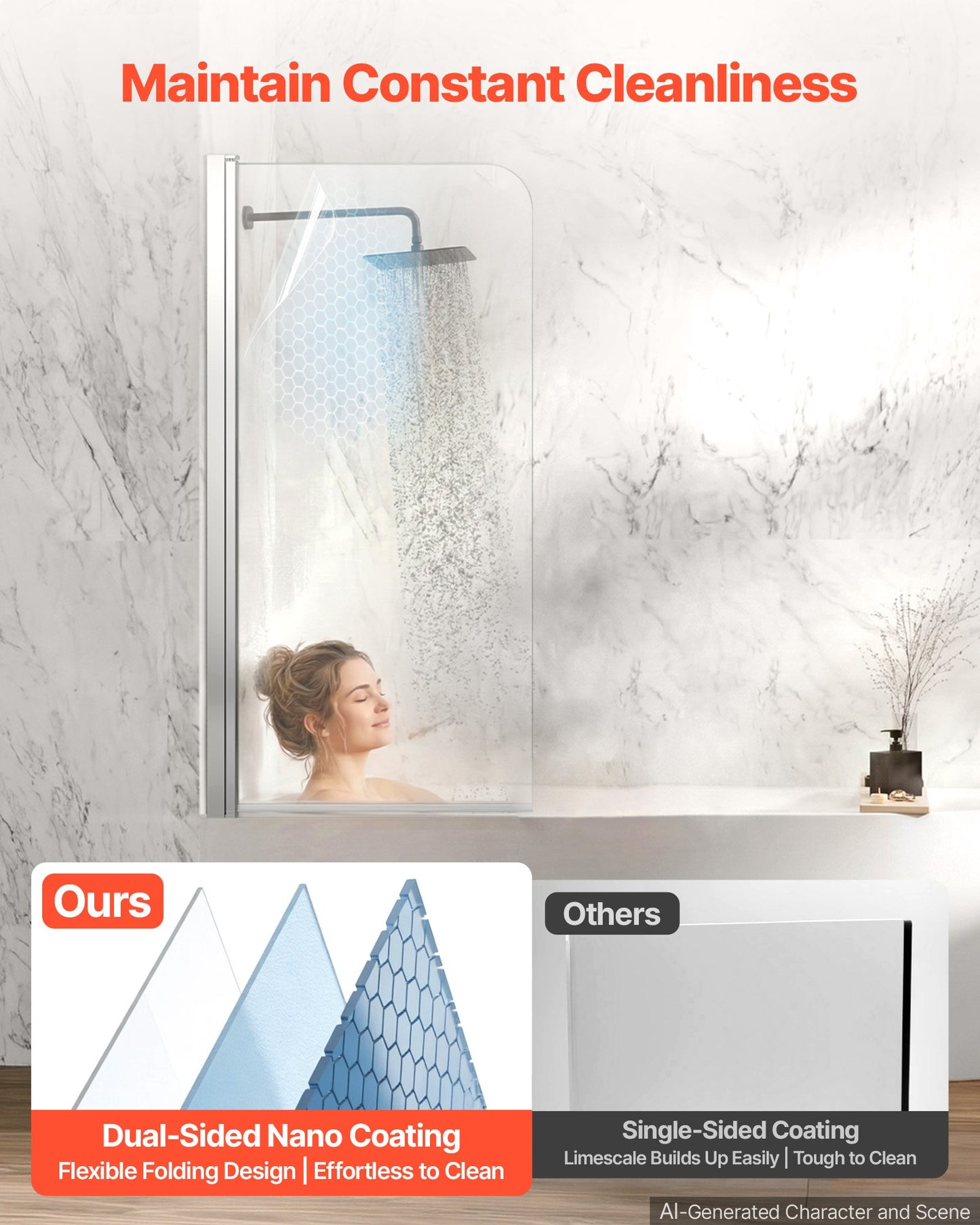 Bathtub Shower Door 700 x 1400 mm Frameless Pivot Tub Door, 6 mm Clear Tempered Glass, Easy-Clean Nano Coating, 180° Folding, Adjustable Sealing Strip, for Home Bathroom Tub, Silver