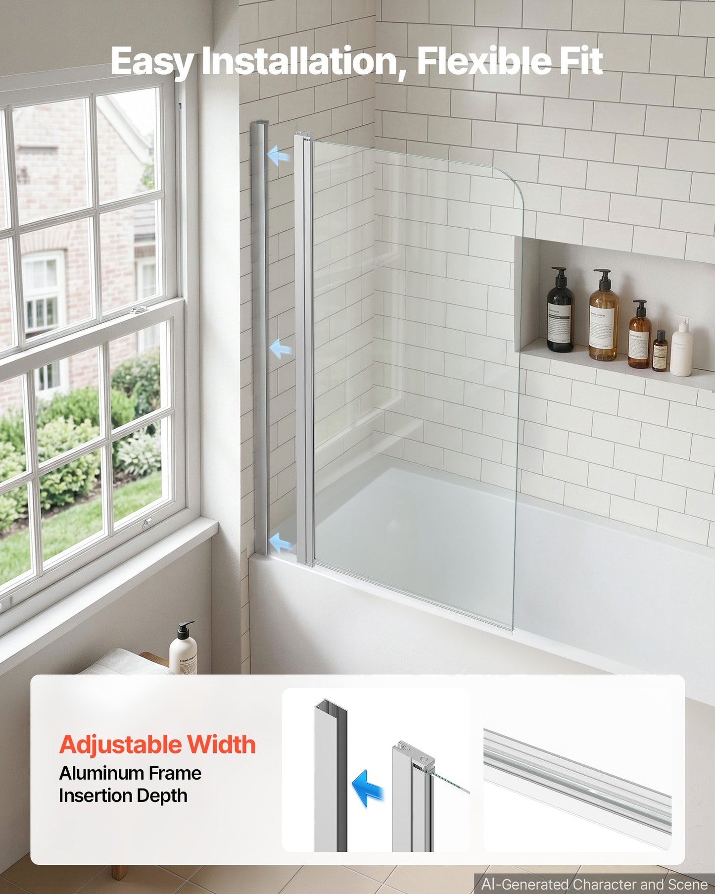Bathtub Shower Door 700 x 1400 mm Frameless Pivot Tub Door, 6 mm Clear Tempered Glass, Easy-Clean Nano Coating, 180° Folding, Adjustable Sealing Strip, for Home Bathroom Tub, Silver