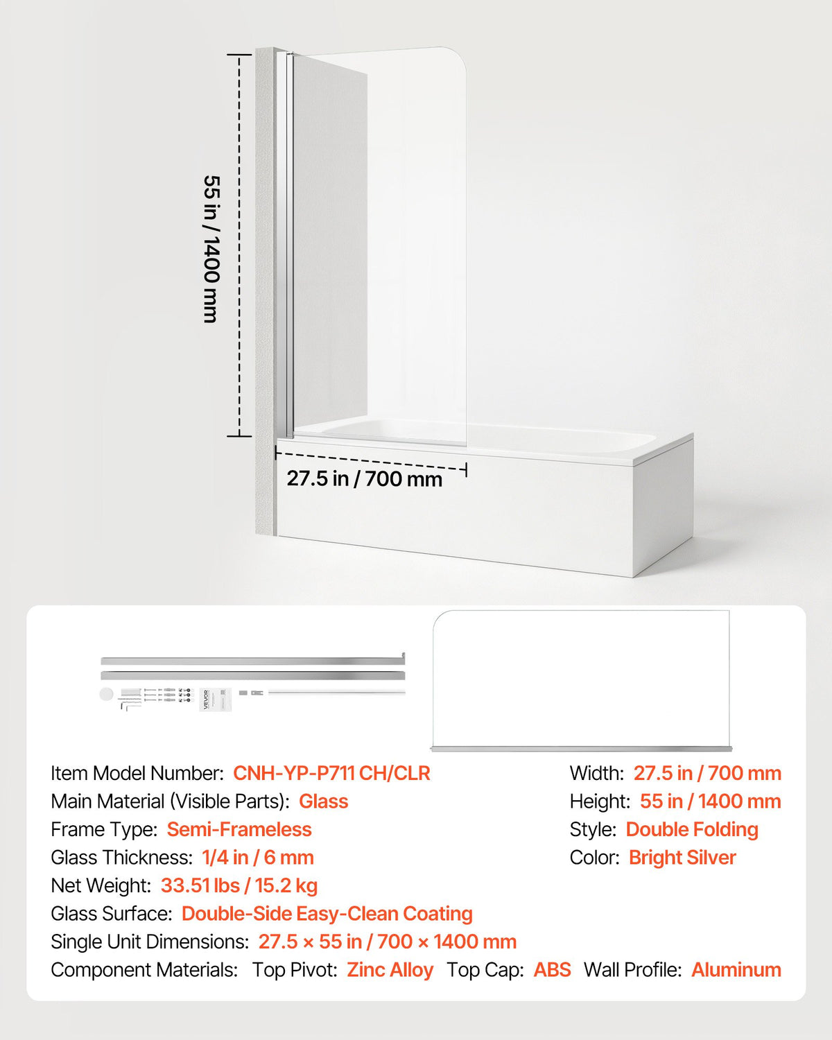 Bathtub Shower Door 700 x 1400 mm Frameless Pivot Tub Door, 6 mm Clear Tempered Glass, Easy-Clean Nano Coating, 180° Folding, Adjustable Sealing Strip, for Home Bathroom Tub, Silver