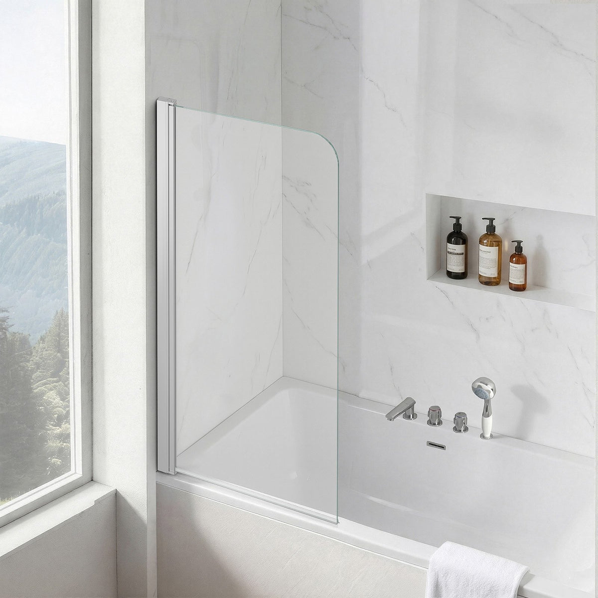 Bathtub Shower Door 700 x 1400 mm Frameless Pivot Tub Door, 6 mm Clear Tempered Glass, Easy-Clean Nano Coating, 180° Folding, Adjustable Sealing Strip, for Home Bathroom Tub, Silver