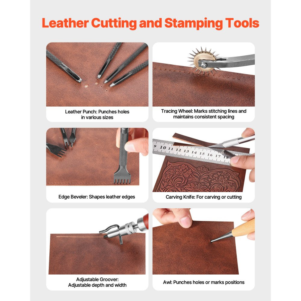 Leather Working Tools Kit 38 PCS Engraving Punching Stamping Sewing Tools