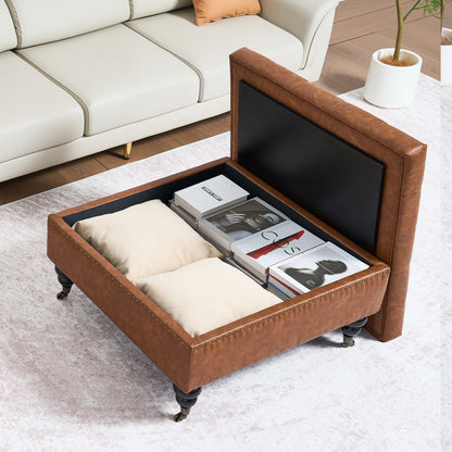 80 cm Square Leather Ottoman with Storage, Upholstered Tufted Button Coffee Table Ottoman with Castered Rolling Wheels, PU Leather High-Density Sponge for Living Room, Dorm, Bedroom, Brown