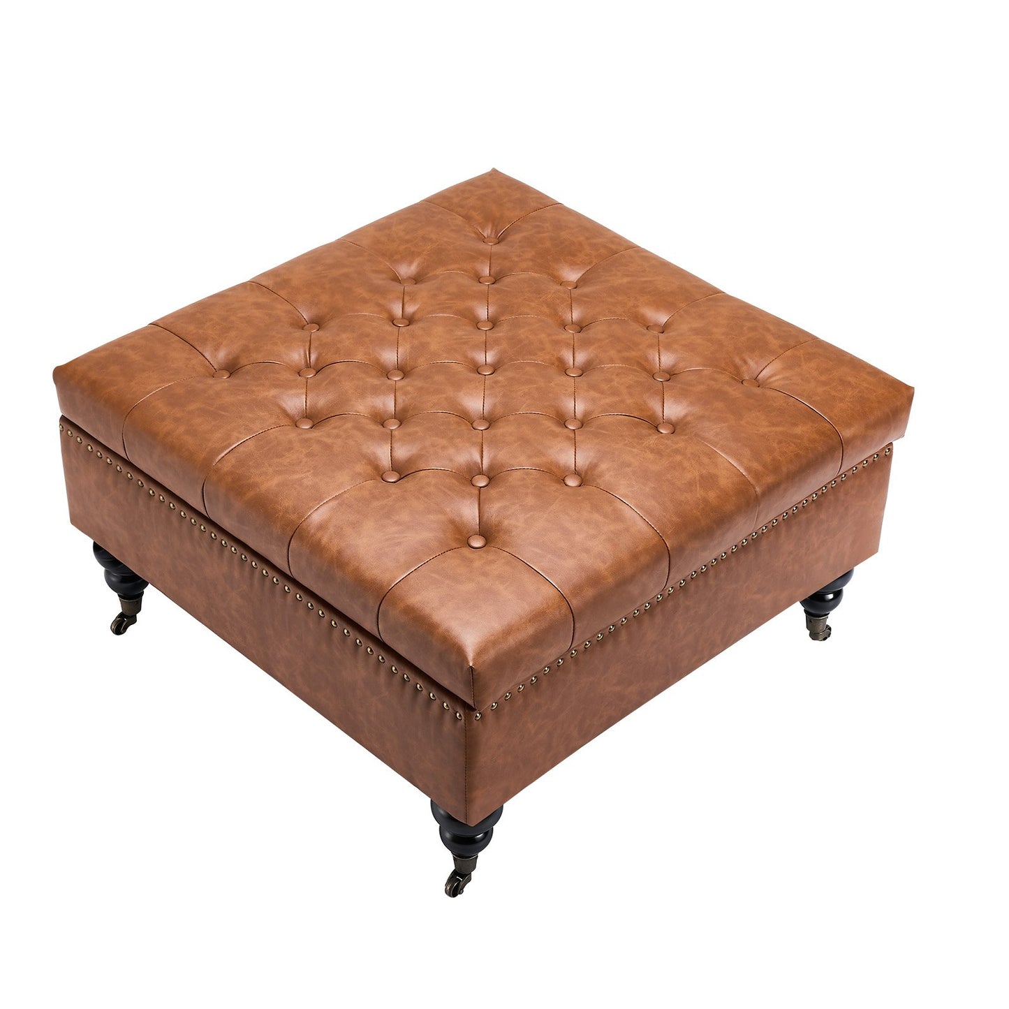80 cm Square Leather Ottoman with Storage, Upholstered Tufted Button Coffee Table Ottoman with Castered Rolling Wheels, PU Leather High-Density Sponge for Living Room, Dorm, Bedroom, Brown