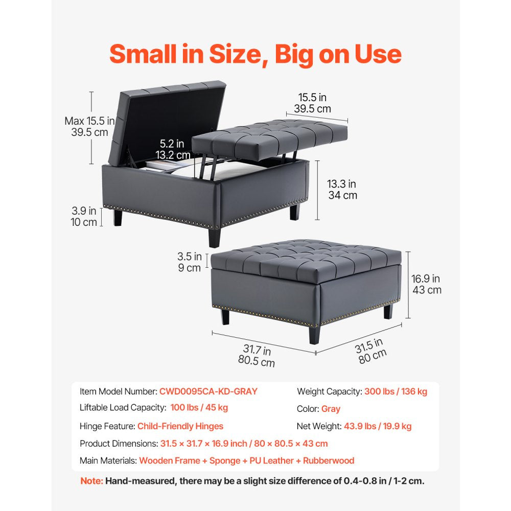 80 cm Square Leather Ottoman with Storage Coffee Table for Living Room