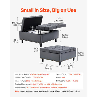 80 cm Square Leather Ottoman with Storage Coffee Table for Living Room