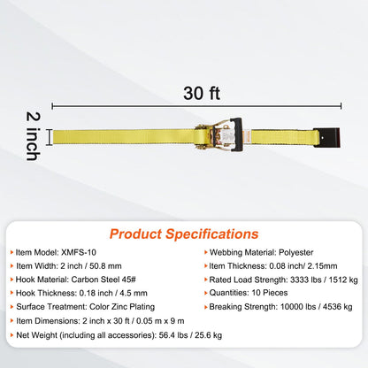 10-Pack Heavy-Duty Ratchet Tie Down Straps with Hooks, 1512 kg Load Capacity