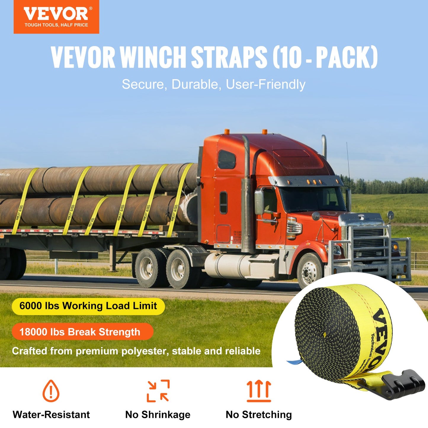 VEVOR Winch Straps, 10.2 cm x 9.1 m, 2.7T Load Capacity, 8.2T Break Strength, Truck
