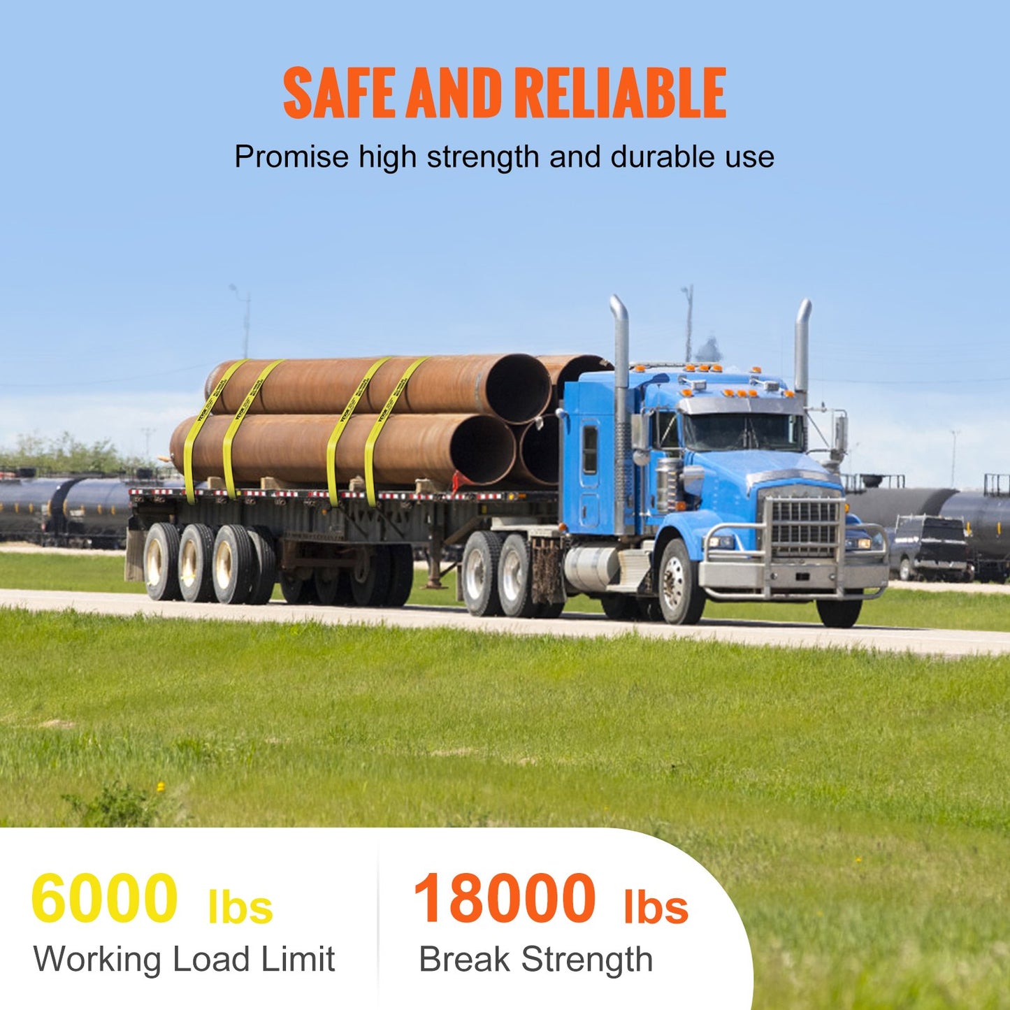 VEVOR Winch Straps, 10.2 cm x 9.1 m, 2.7T Load Capacity, 8.2T Break Strength, Truck