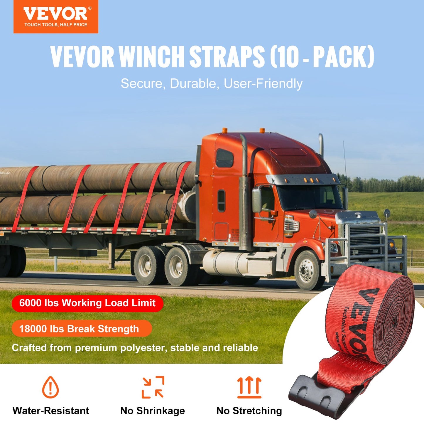 VEVOR Winch Straps, 10.2 cm x 9.1 m, 2.7T Load Capacity, 8.2T Breaking Strength,
