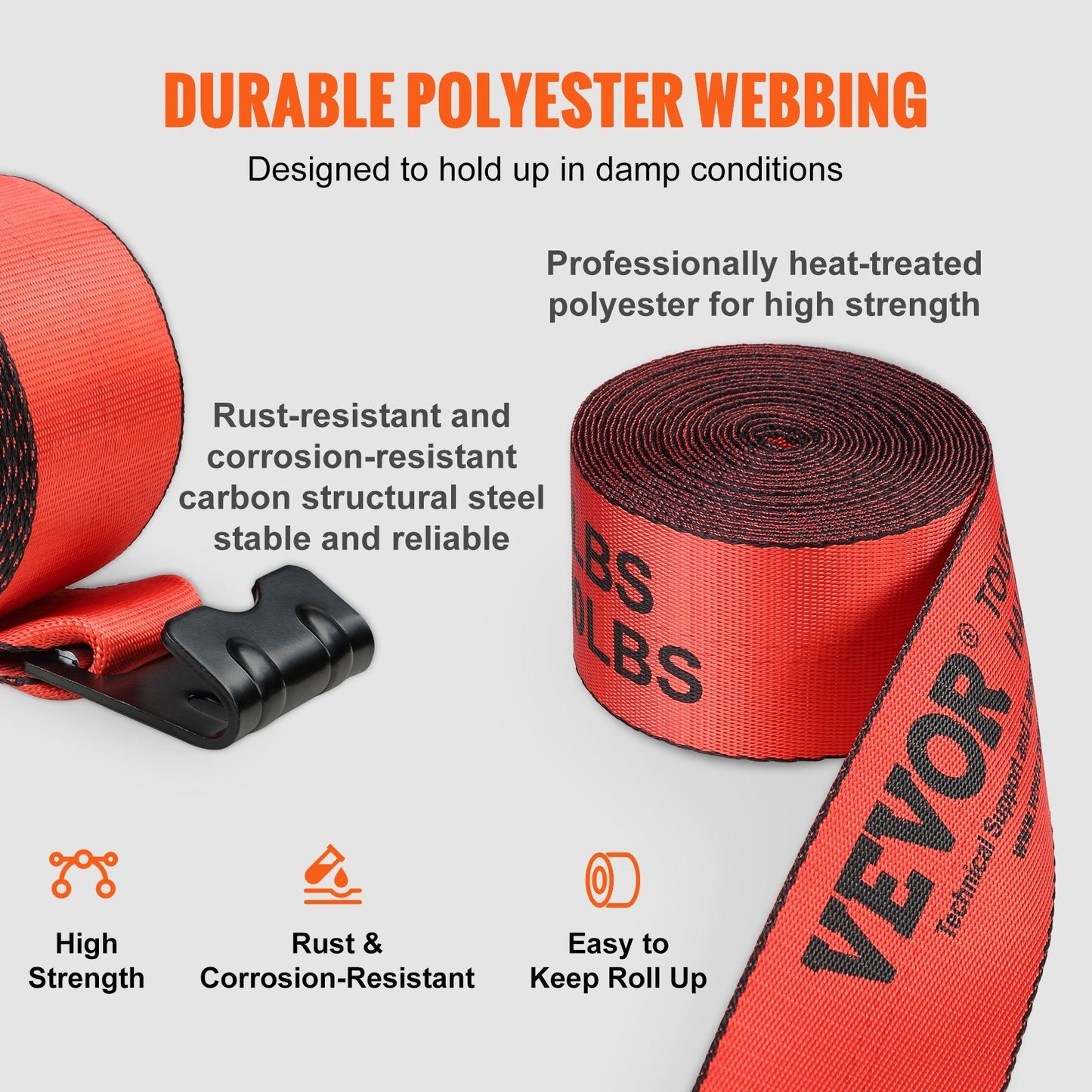 Heavy-Duty Red Winch Straps, 10.2cm x 9.1m, 2.7T Load, 8.2T Break, 10-Pack
