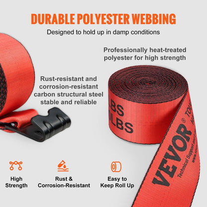 Heavy-Duty Red Winch Straps, 10.2cm x 9.1m, 2.7T Load, 8.2T Break, 10-Pack