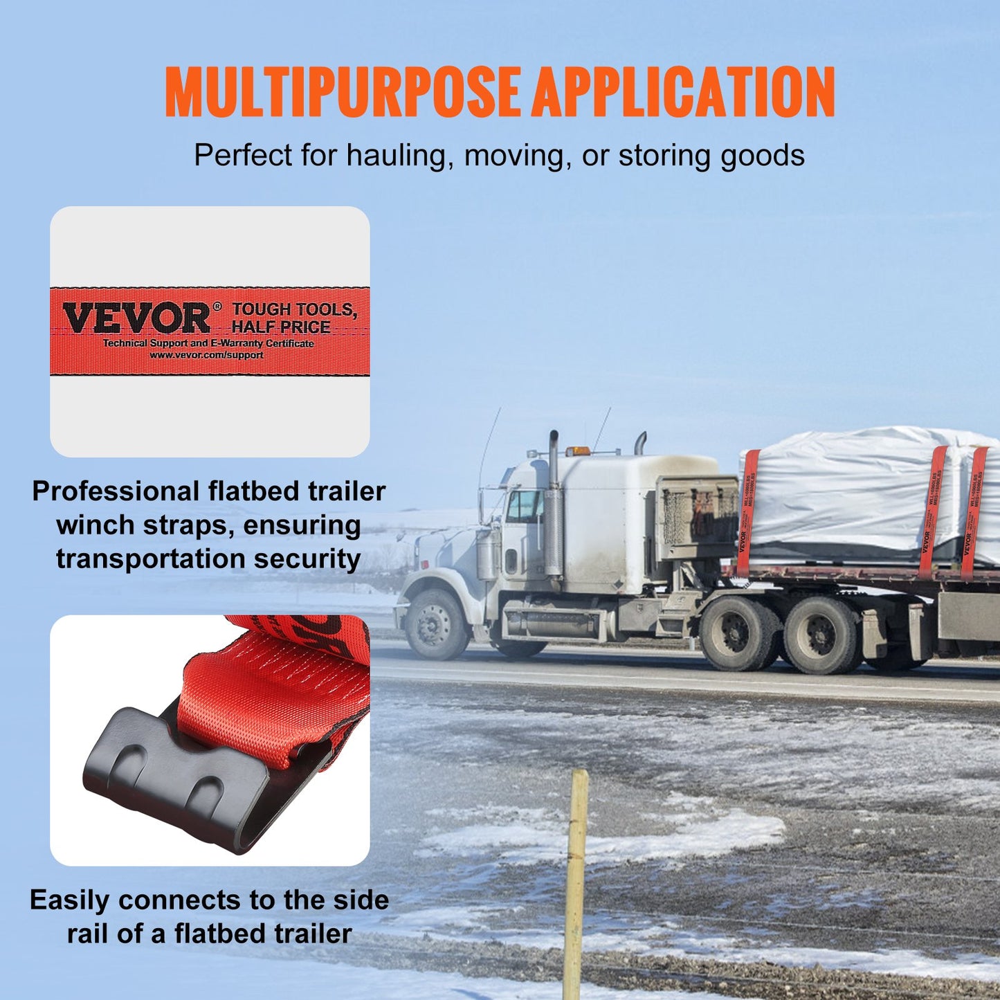 VEVOR Winch Straps, 10.2 cm x 9.1 m, 2.7T Load Capacity, 8.2T Breaking Strength,
