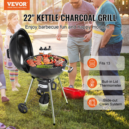 VEVOR 22" Kettle Charcoal Grill, Premium Kettle Grill with Wheels Grate and Cover,