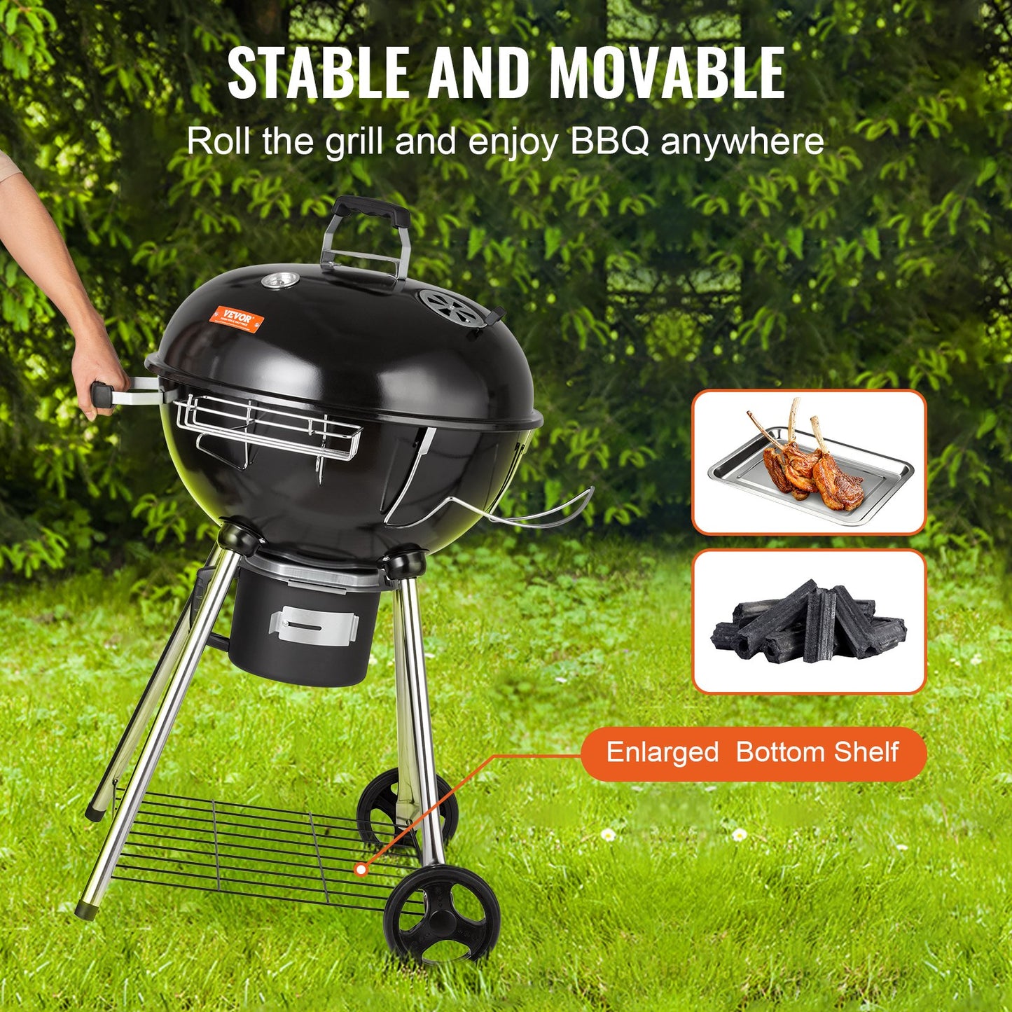 VEVOR 22" Kettle Charcoal Grill, Premium Kettle Grill with Wheels Grate and Cover,