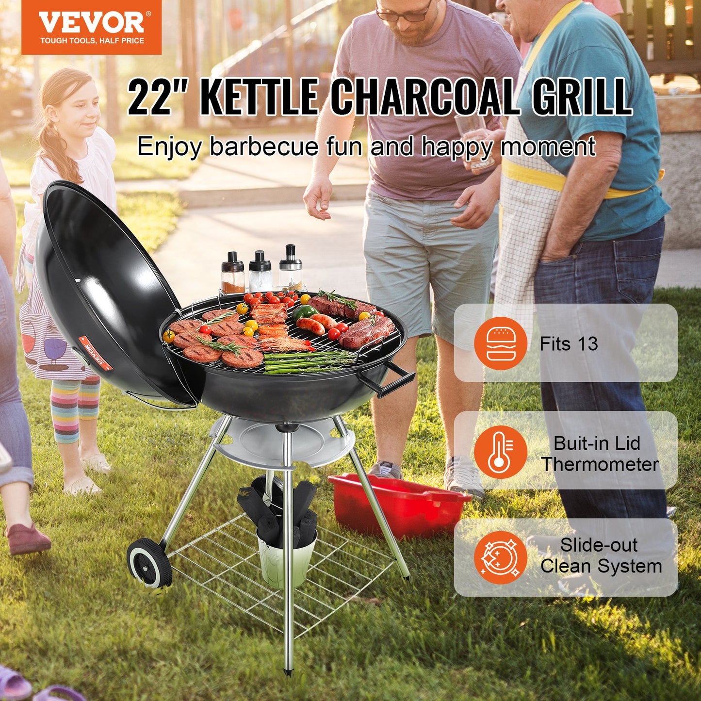 VEVOR 22 inch Kettle Charcoal Grill, Premium Kettle Grill with Wheels and Cover,