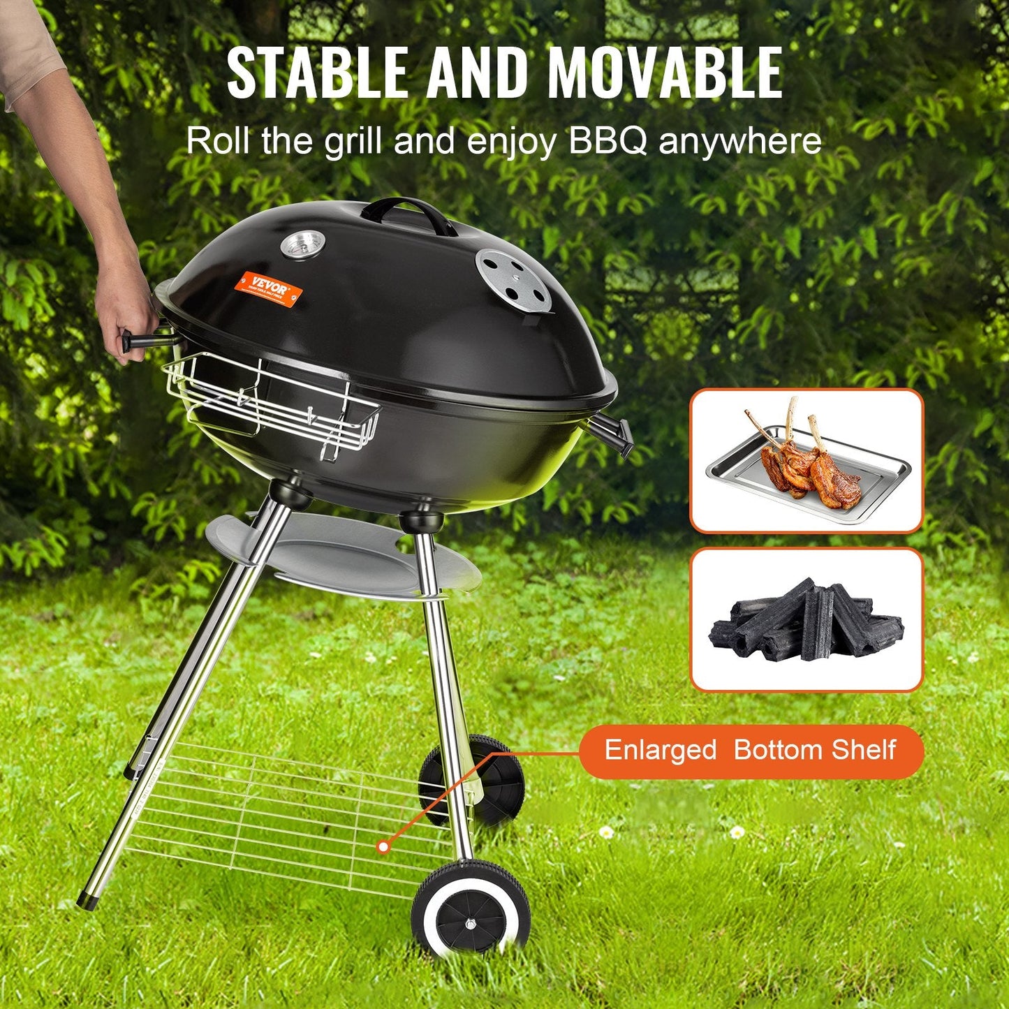 22" Kettle Charcoal BBQ Grill with Thermometer, Wheels & Cover, 63 cm Diameter