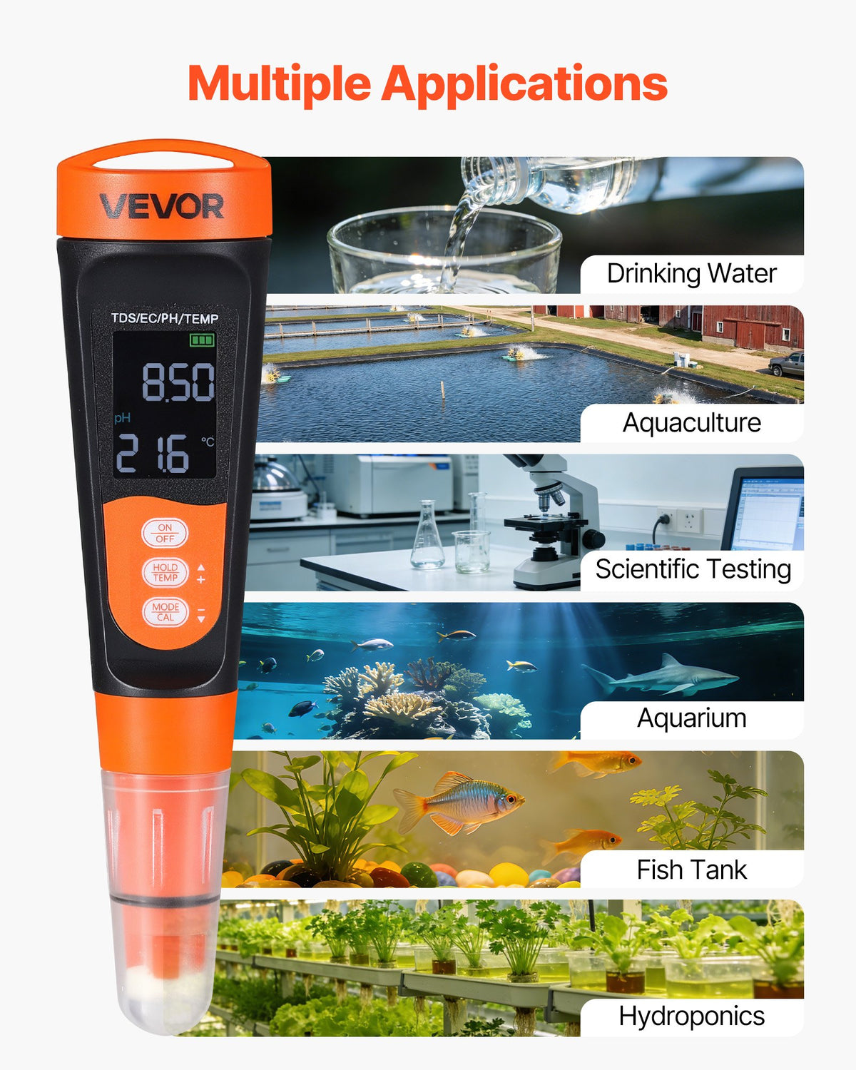 pH Meter, Accurate pH/EC (Conductivity)/TDS (ppm) Multi-Parameter Measurement, IP68 Waterproof Probe, Pocket Tester Kit with Calibration Powder Packets, VA Display, for Water Quality Testing