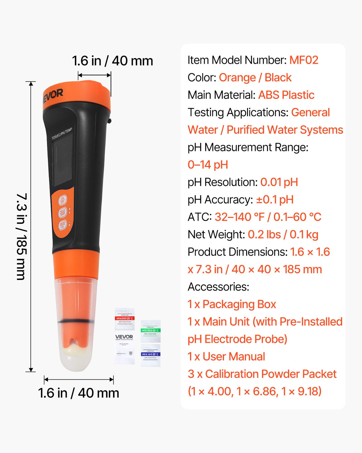 pH Meter, Accurate pH/EC (Conductivity)/TDS (ppm) Multi-Parameter Measurement, IP68 Waterproof Probe, Pocket Tester Kit with Calibration Powder Packets, VA Display, for Water Quality Testing