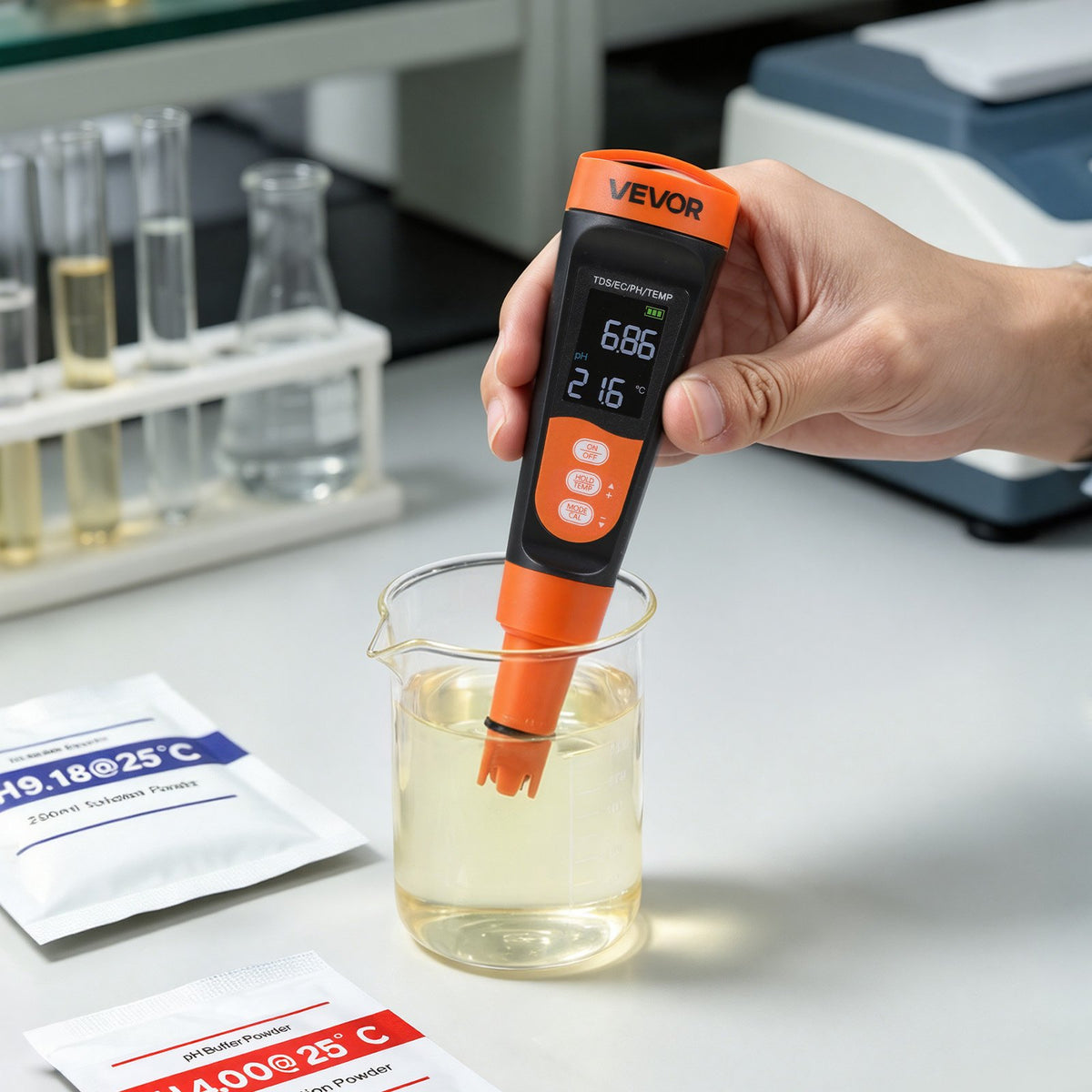 pH Meter, Accurate pH/EC (Conductivity)/TDS (ppm) Multi-Parameter Measurement, IP68 Waterproof Probe, Pocket Tester Kit with Calibration Powder Packets, VA Display, for Water Quality Testing